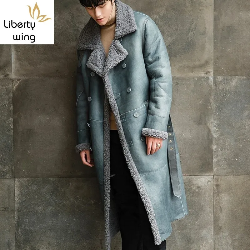 

Autumn Winter Shearling Australia Wool Long Coat Men Brand Fashion Double Breasted Loose Real Fur Cashmere Overcoat Plus Size