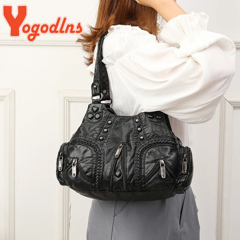 Yogodlns Vintage Soft PU Leather Shoulder Bag Women Large Capacity Handbag Fashion Crossbody Bag Stitching Color Handle Bag sac