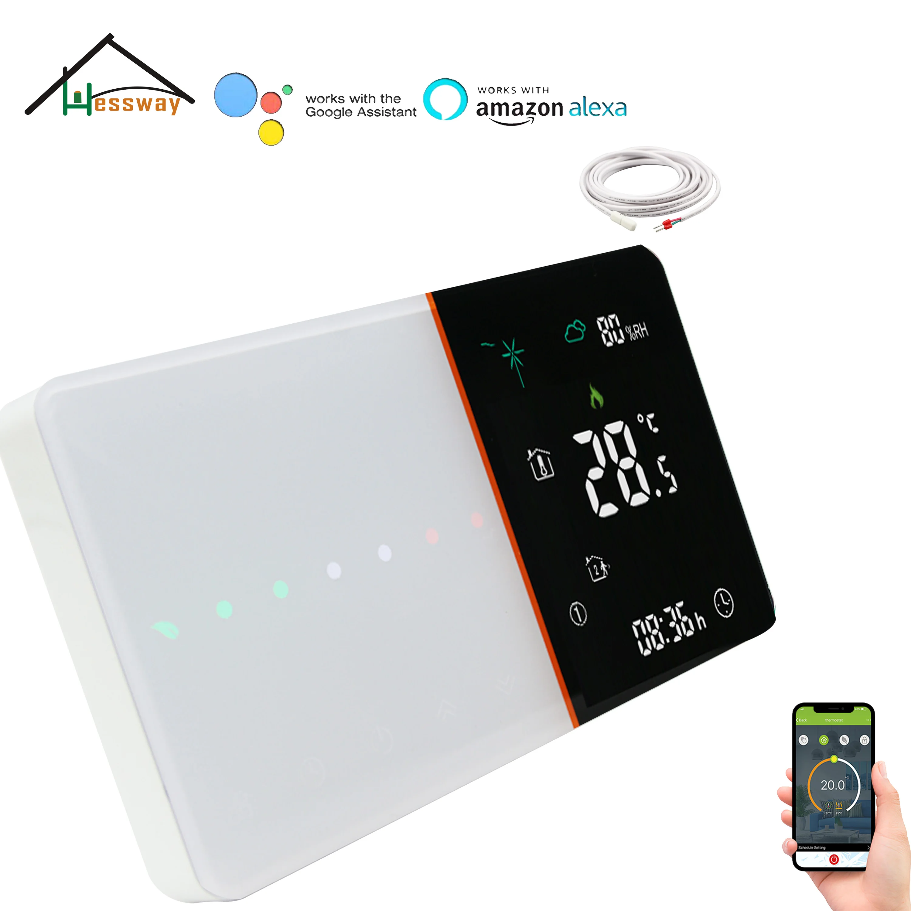 HESSWAY WIFI Heating Thermostat Google Home Control for 24V 220V Floor Underfloor Dry Contact NC/NO 16A Electric Heating