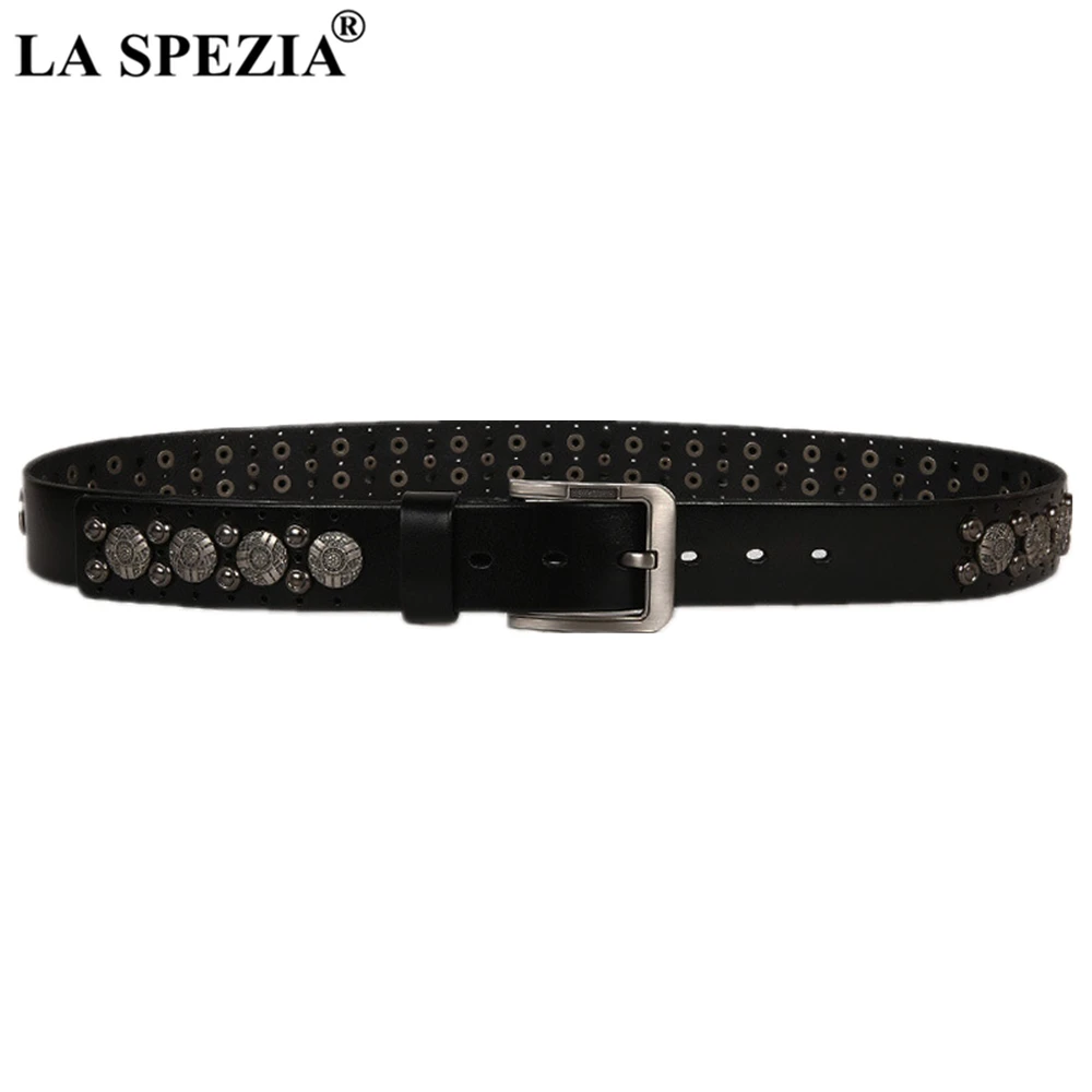 LA SPEZIA Punk Rock Belts for Men Real Patent Leather Steampunk Accessories Buckle Belts Male Rivet Black Waist Belt