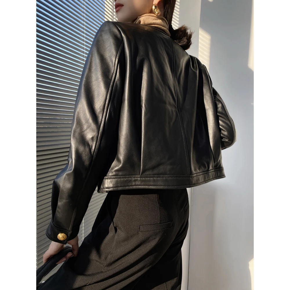 Mujer Roupas Autumn/Winter Female Genuine Leather V-Neck Big Gold Buckle Casual Pocket Short Coat Camel/Black Chic Jacket Women