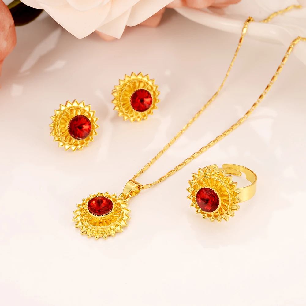 Red CZ Stone Gold Color Ethiopian Set  Necklace Earring Free Size Ring Habesha Jewelry Eritrean Best Holiday Wedding Paday Gifts