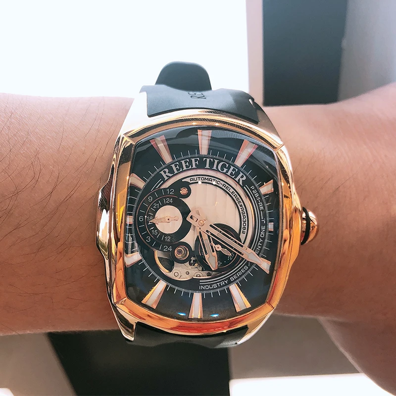 2019 Reef Tiger/RT Nuovo Sport di Arrivo Cassa In Oro Rosa Quadrante Blu Cinturino In Gomma Orologio Automatico RGA3069S