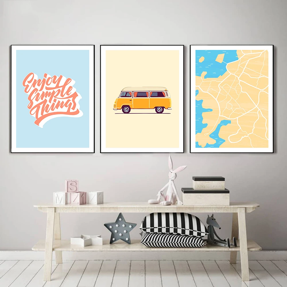 Enjoy Simple Things Quote Picture Nordic Wall Art Mural Yellow Hippie Bus Canvas Painting Pula Map Poster Prints Kid Room Decor