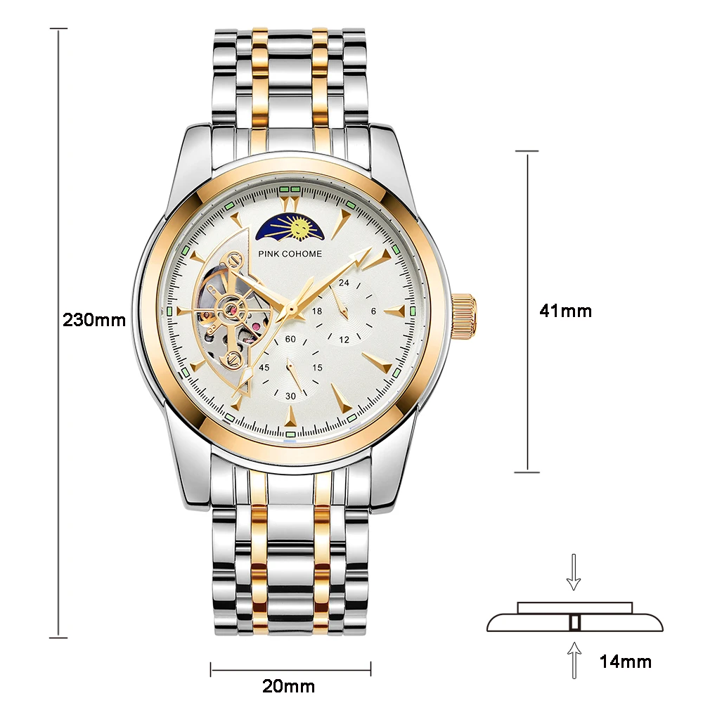 Chronograph Automatic Watches Male Moonswatch Mechanical Clocks Waterproof Moonphase Display Heren Horloge Pink Cohome