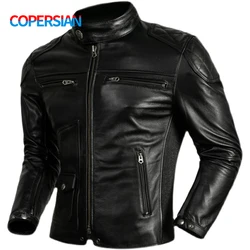 2023 New Top Layer Cowhide  Leather  Jacket Men Black Stand Collar Short Genuine Leather Coat High Quality  Motorcycle Jackets