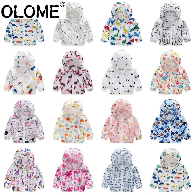 Kids Sun Protection Clothing Girl Hooded Jacket Cartoon Children Waterproof Coat OLOME Boys Outdoor Wear Light Camping Clothes