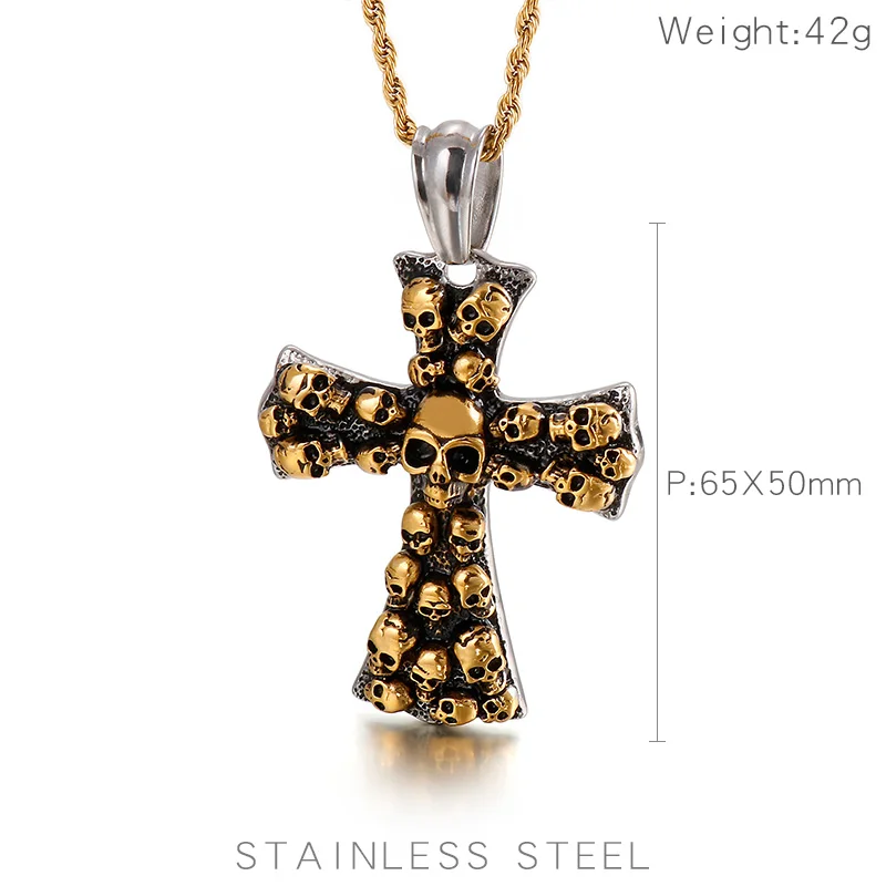 316L Stainless Steel Huge Evil Cross Ghost Head Pendant Necklace Men All-Match Jewelry