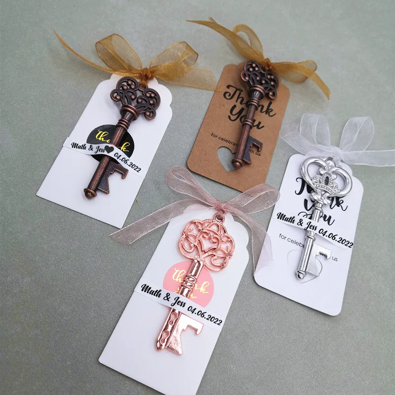 Hochzeitsgeschenke für Gäste Souvenirs Partygeschenke Kupferfarbener Skelettschlüssel Flaschenöffner mit personalisiertem Namensaufkleber – Detail 8