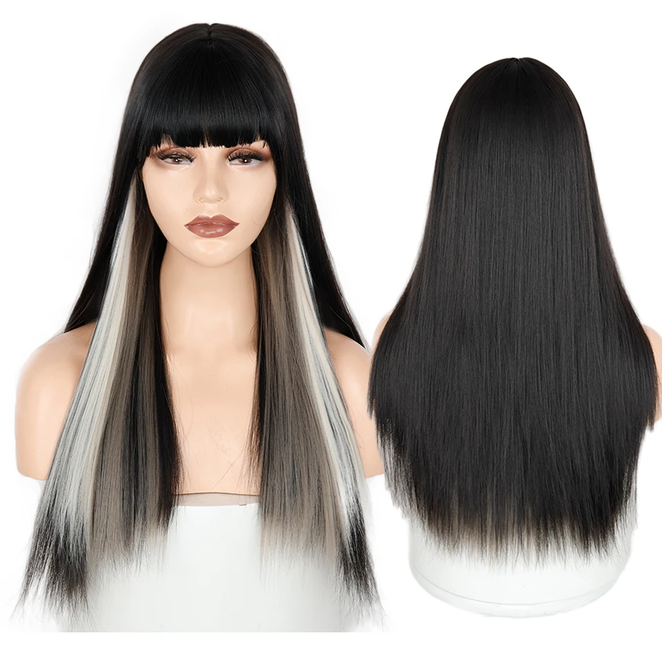 Synthetic Wig Long Straight Long Wig Bangs Mixed Black and White Wig Heat-resistant Fiber Suitable For Women