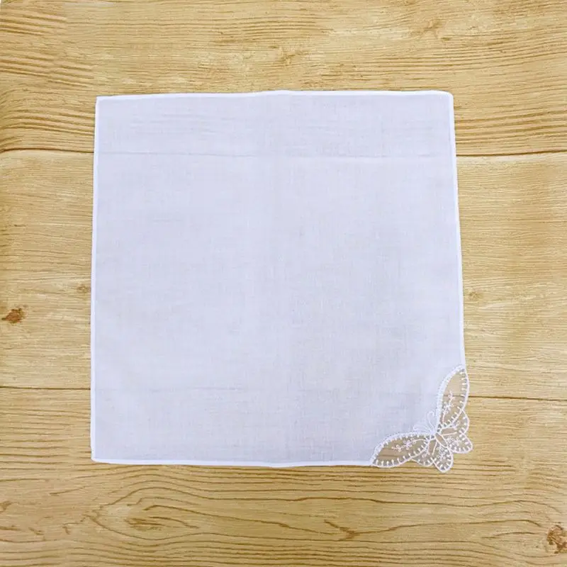 28x28cm Women Plain White Square Handkerchiefs Crochet Butterfly Lace Corner Bridal Wedding DIY Cotton Napkin Pocket Hanky Towel