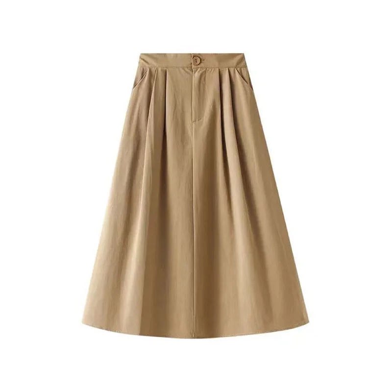 Women Summer A-Line Skirts Students Button Pocket Solid Midi Skirts Elastic Waist For Female Leisure All-match Expansion Skirts