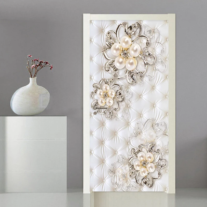 PVC Waterproof Wallpaper 3D Stereo Pearl Flower Door Sticker Mural European Style Soft Roll Door Poster Living Room Luxury Decal