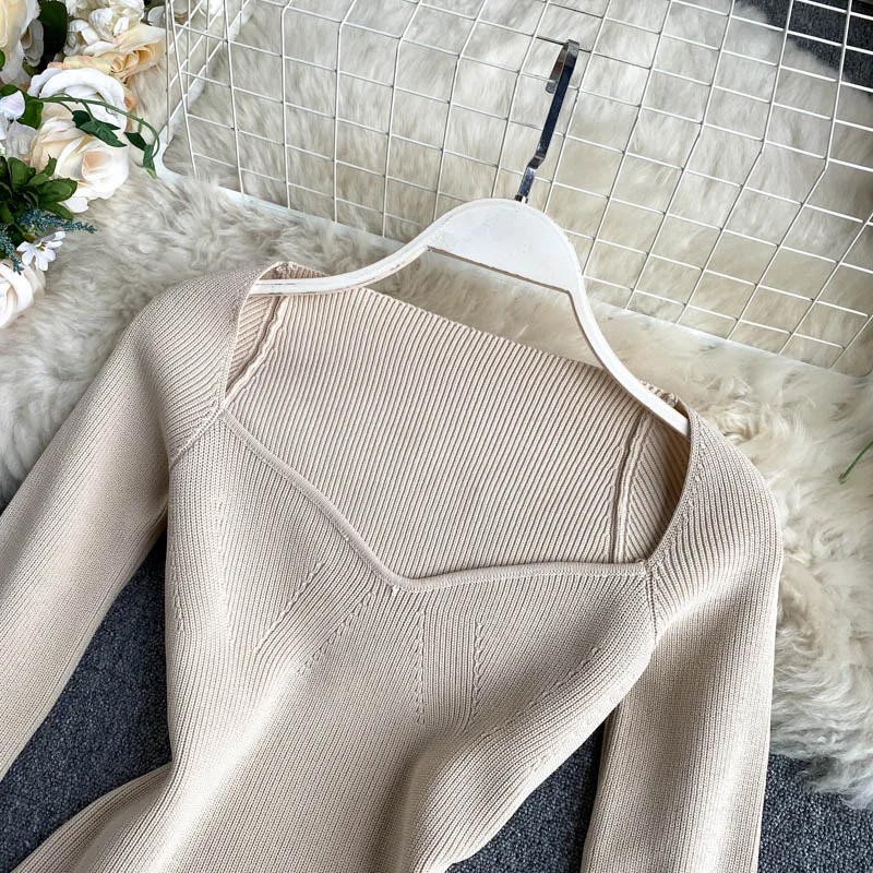 Croysier Knitted Sweater Pullover Square Neck Tops Women 2021 Fashion Women Clothing Long Sleeve Top Woman Sweaters Pullovers