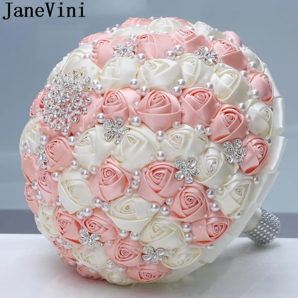 JaneVini-Ramos de boda grandes personalizables, 30cm, perlas de cristal satinadas, ramos de flores nupciales, rosas artificiales