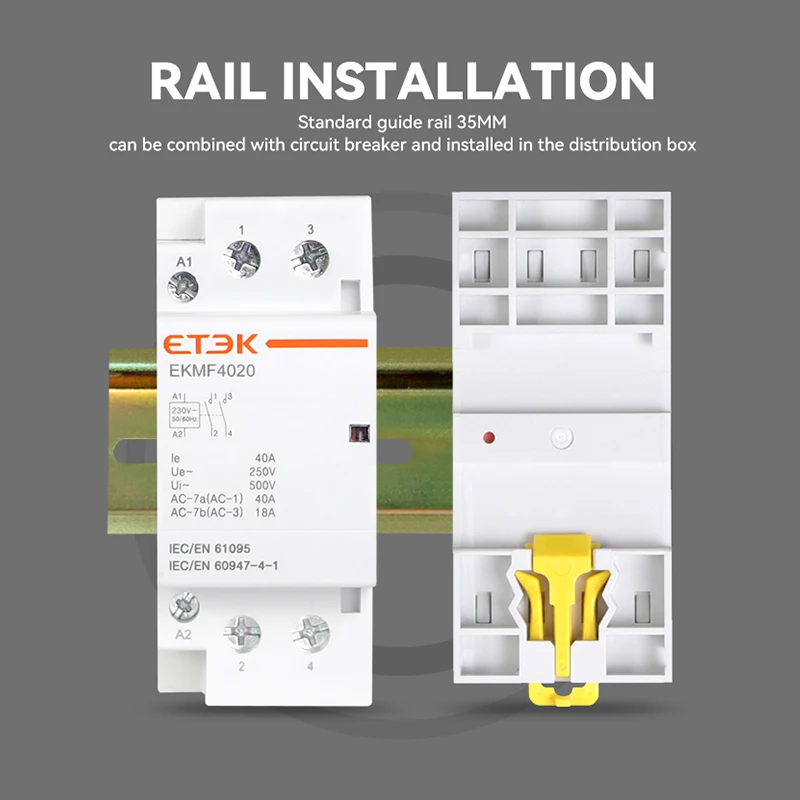 ETEK Household AC Modular Contactor 220v Single Phase 2P 40A 2NO Coil Din Rail Type EKMF-4020-230