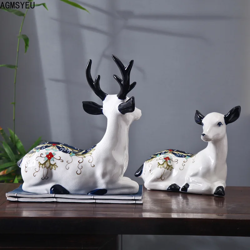 

Creative Handmade Sitting Deer White Porcelain Crafts Decoration Animal Sculpture Study Room Living Room Desktop Home Decoration