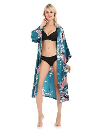 Lady Sexy Costumes Japanese Kimono Yukata Dress with Belt Satin Silk Cardigan Pajamas Sleepwear Woman Smooth Bathing Robe Gown