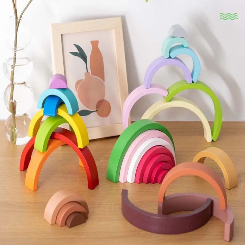 New Kids Montessori  Arch Bridge Rainbow Building Blocks Wooden Toys Baby Early Education Color Cognitive Blocks Toy