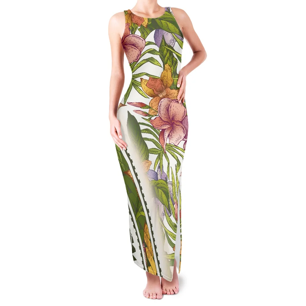 

2022 Summer Popular Dress Samoa Polynesian Tribe Women's Sexy O-neck Sleeveless Hibiscus printing Party Split Dress