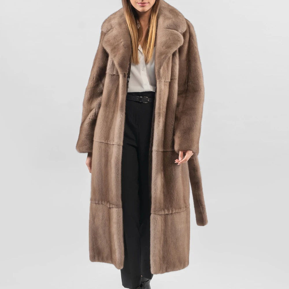 BFFUR Fashion Long MInk Fur Coat Women High Quality Real Mink Fur Jacket Lapel Collar WIth Fur Belt Coats Natural Female