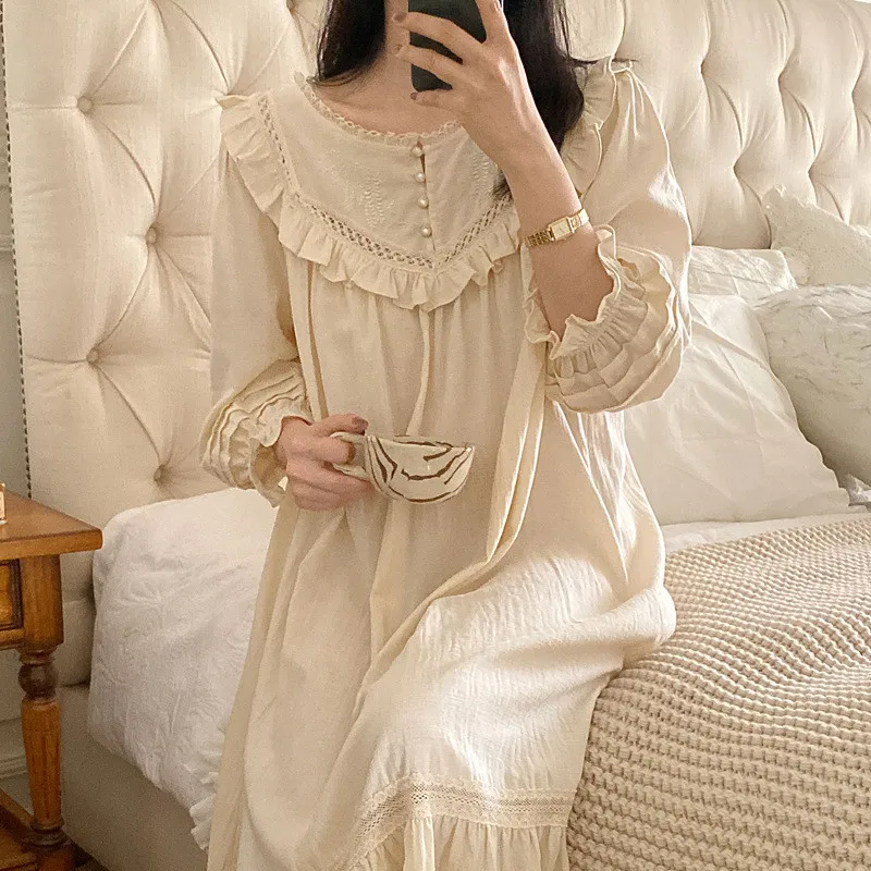 New Vintage Embroidery Cotton Long Nightgowns For Women  Long Sleeve Beige Elegant Nightshirts Comfortable Plus Size Night Dress