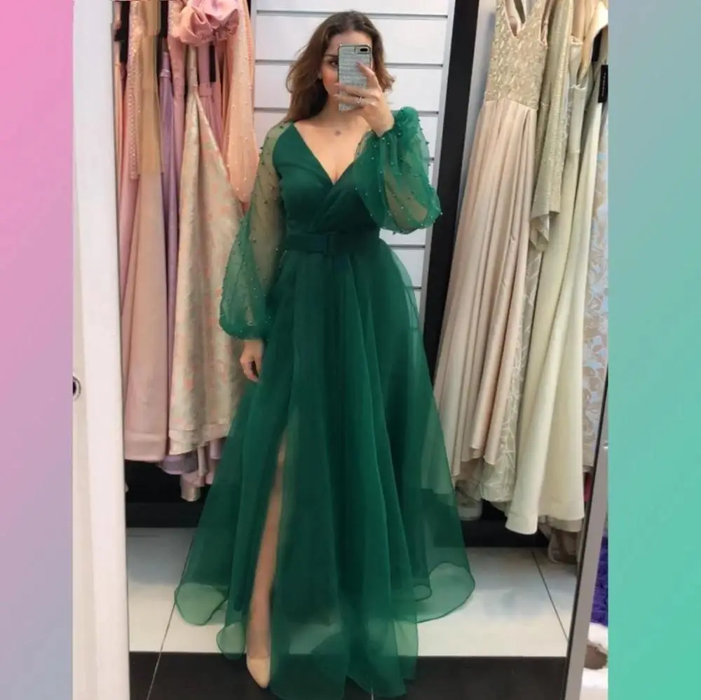 Abiti da sera Sexy con scollo a V verde/rosso perle Illusion maniche lunghe 2021 abiti da ballo in Tulle spacco laterale abiti da cerimonia convenzionali Vintage