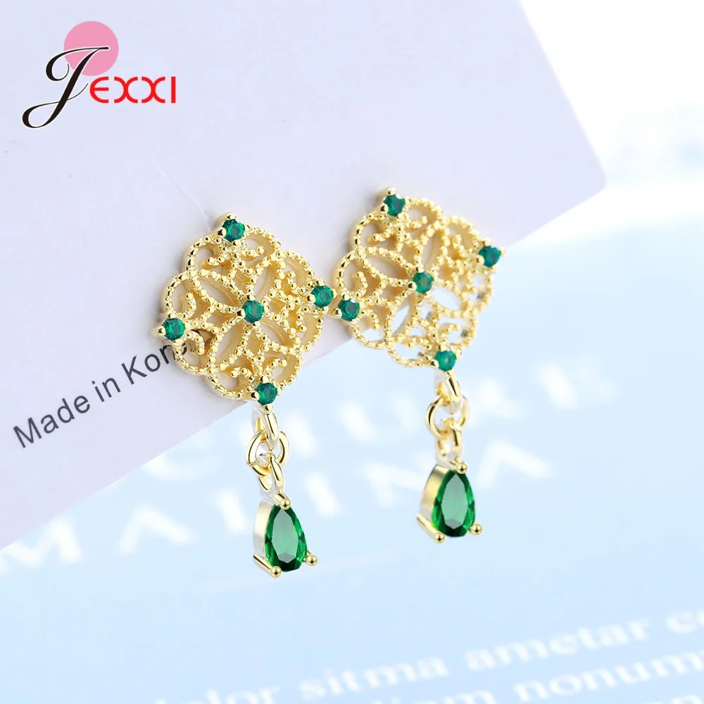 Drop Earrings For Women  Retro Cute Hollow Micro-inlaid Green Zircon 925 Silver Needle Earing Wedding Bridal Jewelry