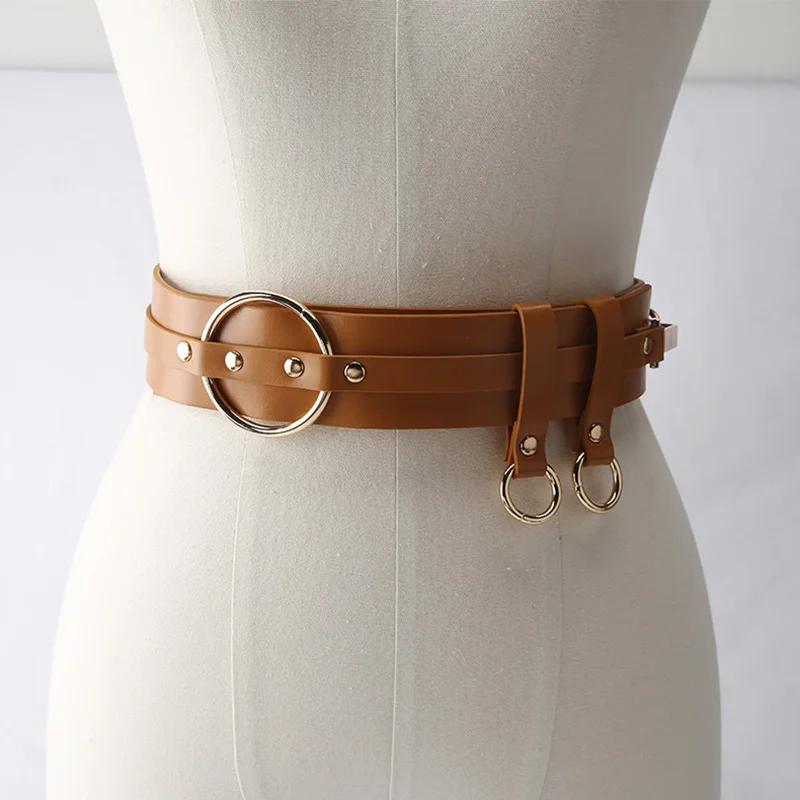 Women Fashion Rivet Metal Round Buckle Ins Tide Girdle Punk D Buckle Wild Wide Khaki Adornment Suit Dress Waist Waistband