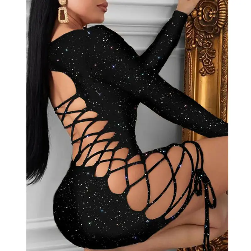 

New Spring Sexy Women Dress Gown Black Long Sleeve Sexy Sexy Lady Bodycon Hollow Short Dresses Party Night Club Summer