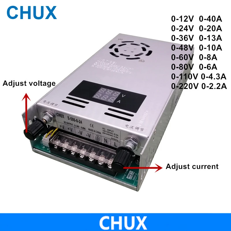 fonte de alimentacao de comutacao ajustavel chux com display digital 500w ac 12v 24v 36v 48v 60v 80v 110v 220v 01