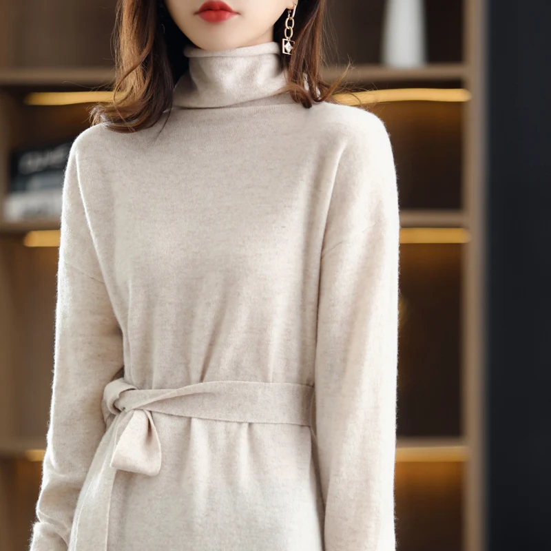 High-End 100% Pure Wool Turtleneck Women Casual Long Knees Dresses Sweater 2021 Autumn Winter Loose Soft Solid Knitted Jumper