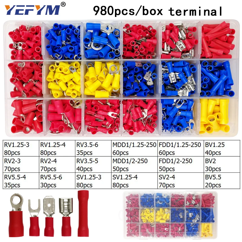 Box assorted full insulated fork U-type set terminals connectors assortment kit electrical wire crimp spade ring terminal image 4