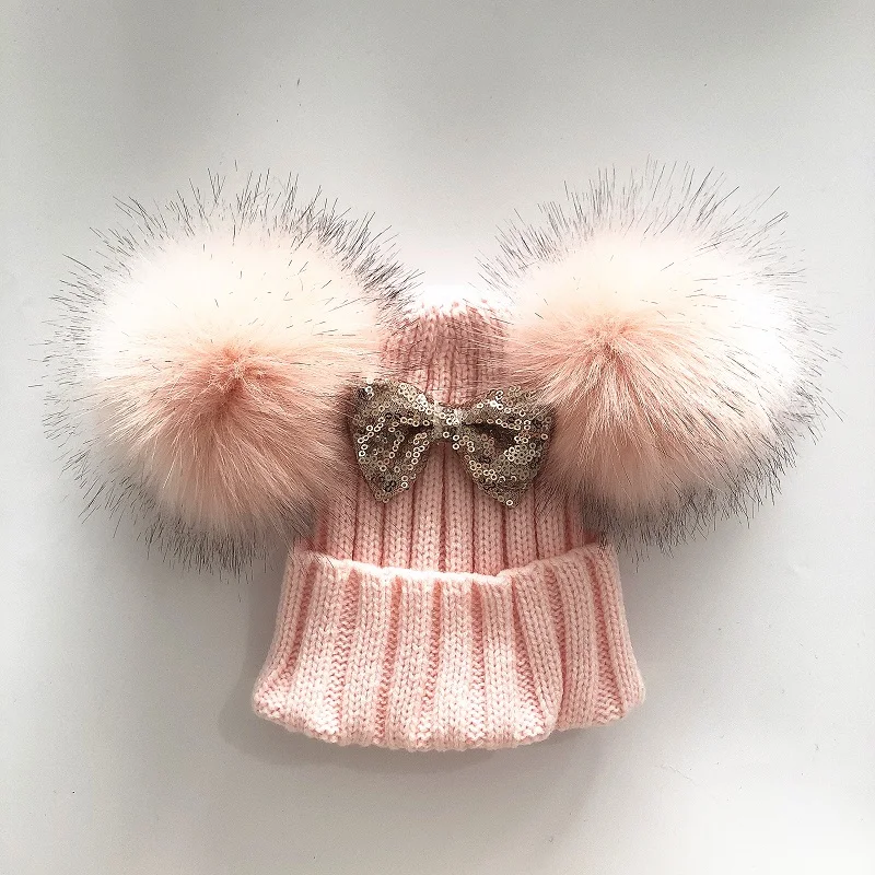 Kids Bow Knot Knit Double Pompom Hat For Girls Faux Fur Baby Caps Winter Children Beanie