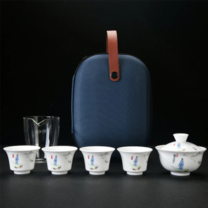 

White Porcelain Tea Set Travel Tea Set Kuai Ke Cup One Pot Four Cups of Tea Set Business Gifts Chinese Kung Fu Tea Set