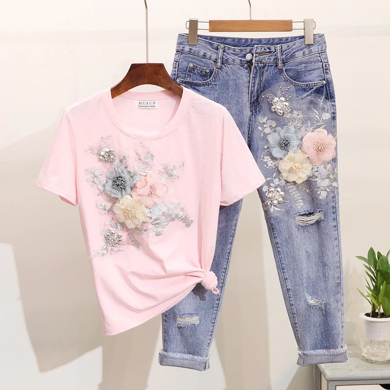 Summer Fashion Women T Shirt Jeans European Style Denim Suit Embroidery 3D Flower Female Trousers Vintage Beading Sets S-XXL