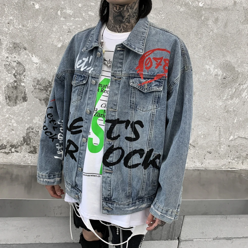 Mens Graffiti Letter Denim Jackets Fashion Turn Down Collar Long Sleeve Coats Outerwear Hip Hop Casual Streetwear Jeans Jackets