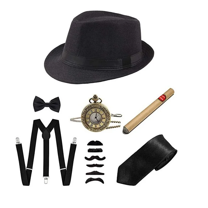 20s 6 pezzi 1920s uomo Gatsby Gangster Costume accessori Set 30s Manhattan Gangster berretto Y-Back bretella