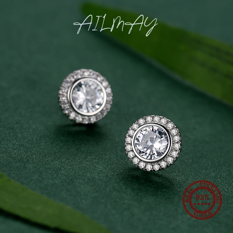 Ailmay 925 Sterling Silver Round Earrings Classic Luxury Full Cubic Zirconia Earrings For Women Wedding Engagement Jewelry