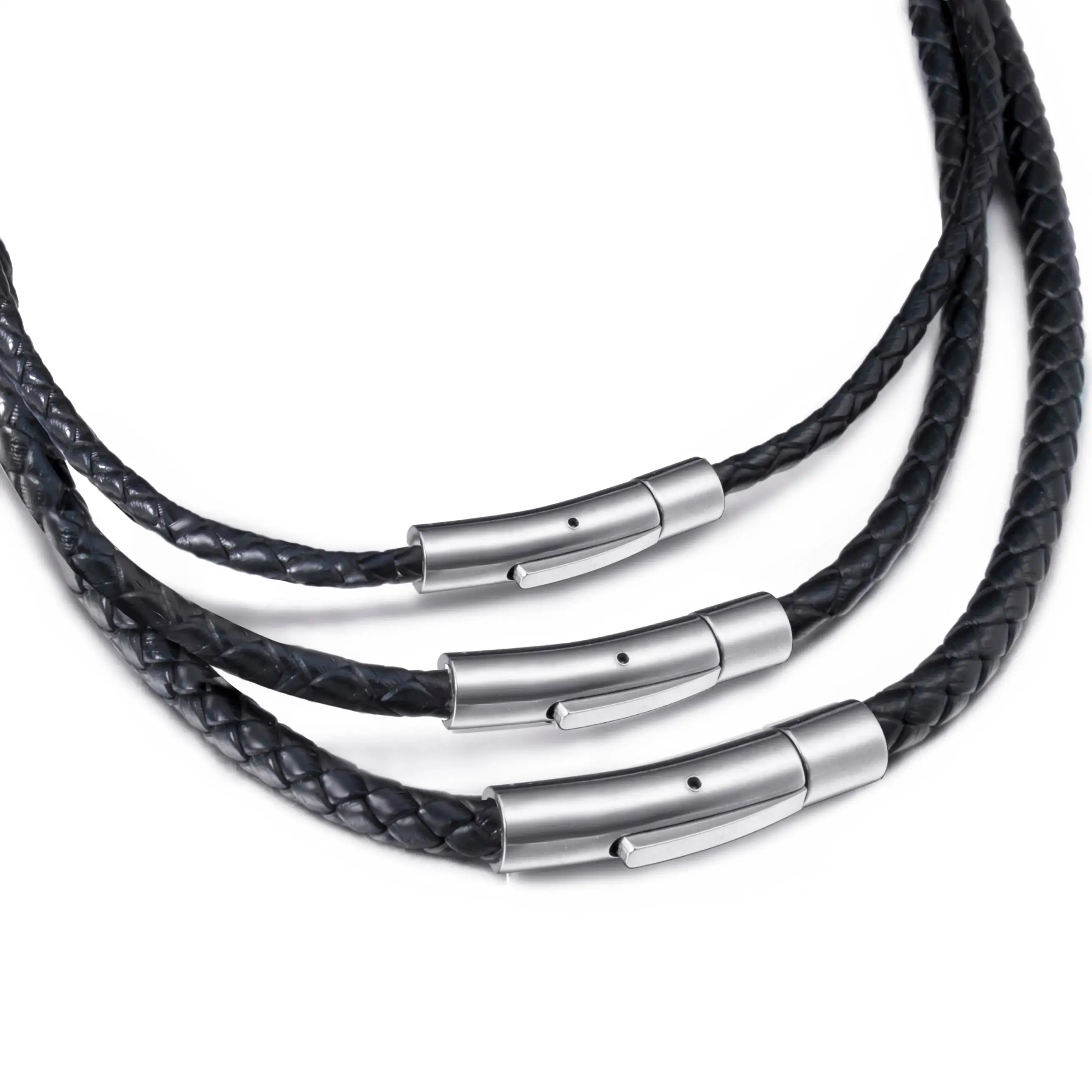 3/4/5mm Mens Womens Black Braided Genuine Leather Cord Stainless Steel Secure Clasp Necklace Chain Wholesale Jewelry