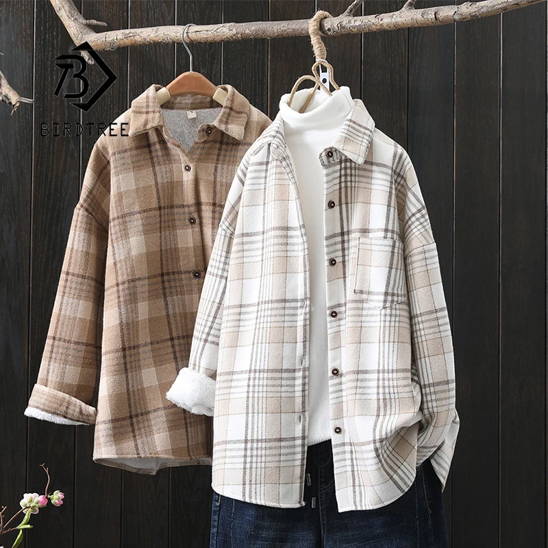 Winter New Women Vintage Oversize Woolen Plaid Shirts Warm Full Sleeve Thick Trun-down Collar Fleece Blouse Casual Outwear T1O90