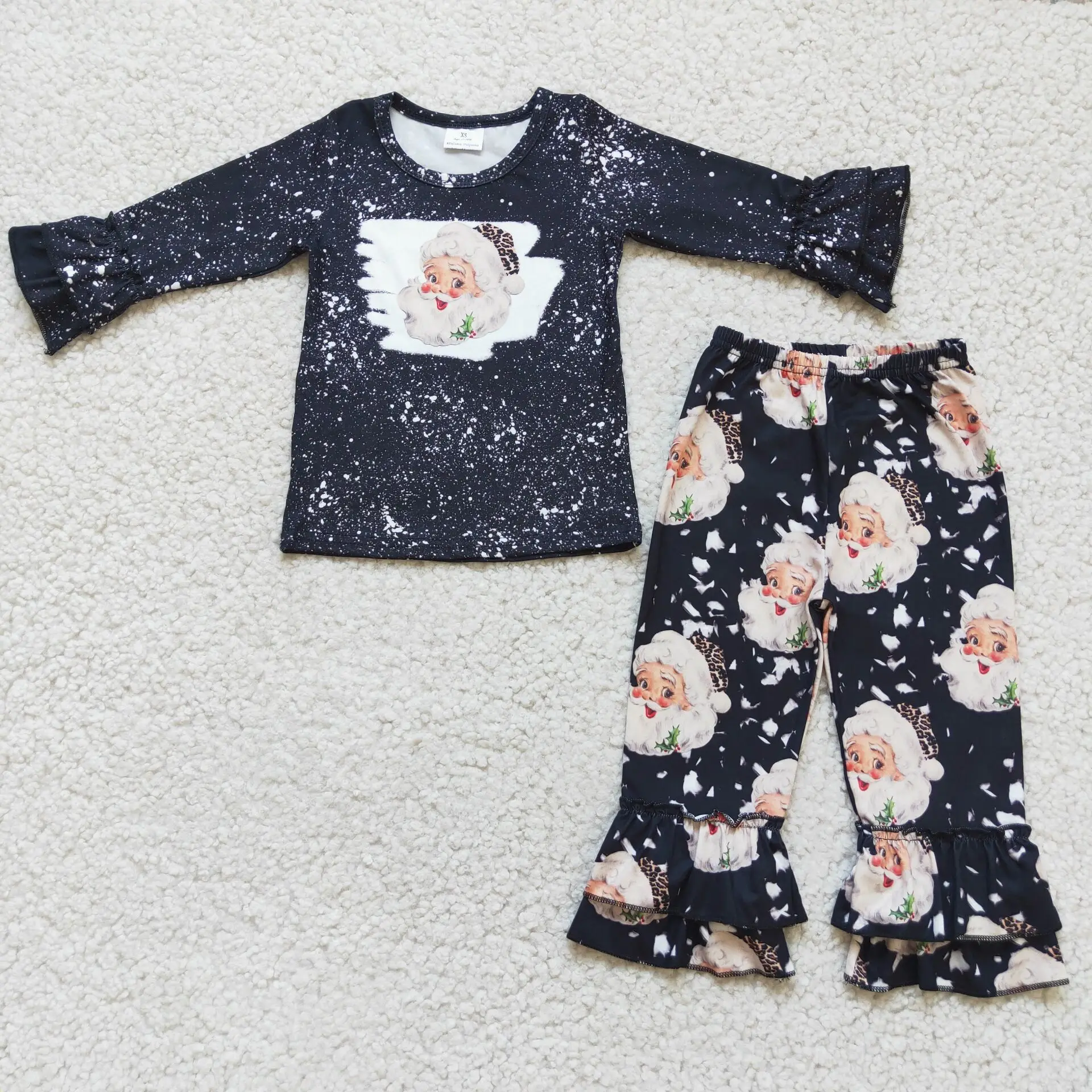 

Toddler Girl Boutique 2pcs Santa Printed Ruffle Sleeve Top Pants Girl Black Suit Tie Dye Top Fashion Children's Clothing