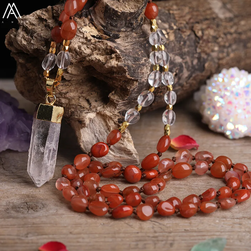 

Natural White Quartz Freeform Point Pendant Red Agates Irregular Chip Beads Cord Knotted Necklace Handmade Mala Yoga Jewelry