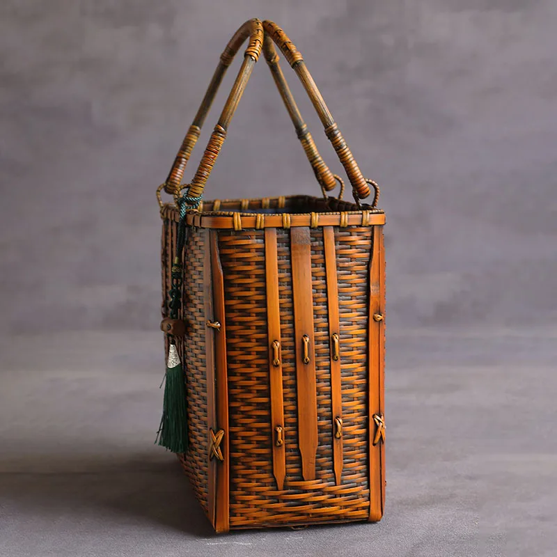 Vintage Hand Bamboo Weaving Women\'s Handbags Fashion Summer Large Capacity Luxury Beach Woven Tea Ceremony Storage Bag Crafts