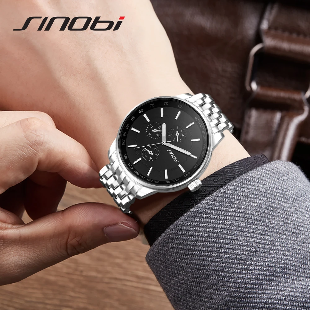 SINOBI Brand Luxury Fashion Men Watches Classics Stainless Steel Men Wristwatch Black Sports Geneva Watches Relogio Masculino