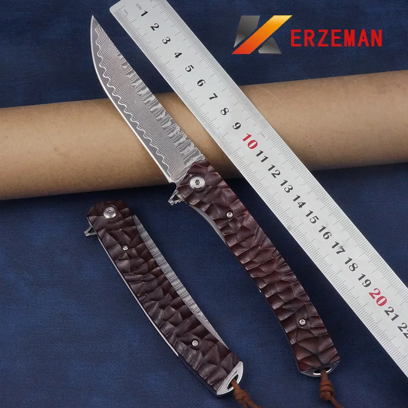 

KERZEMAN Damascus Steel Blade Red Sandalwood Solid Wood Outdoor Pocket Folding Knife Field Survival Tactics Self-Defense Tools