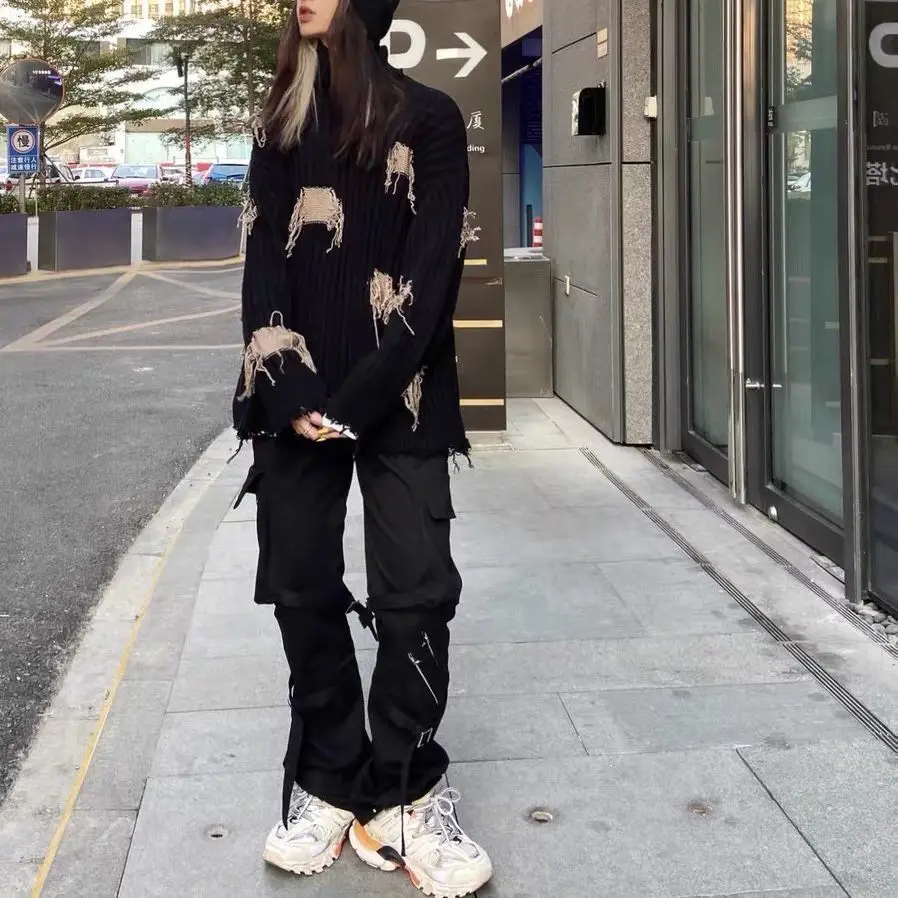 Black Cargo Pants Men and Women's Vibe Style Zipper Strap Straight-Leg Pants Casual Trousers Streetwear Women Botttoms Pants