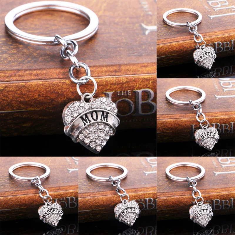 Crystal Heart Keyring Mom Nana Nurse Teacher Sister Best Friend Keychain Mother's Day Key Chain Ring Mom Gifts Jewelry Family