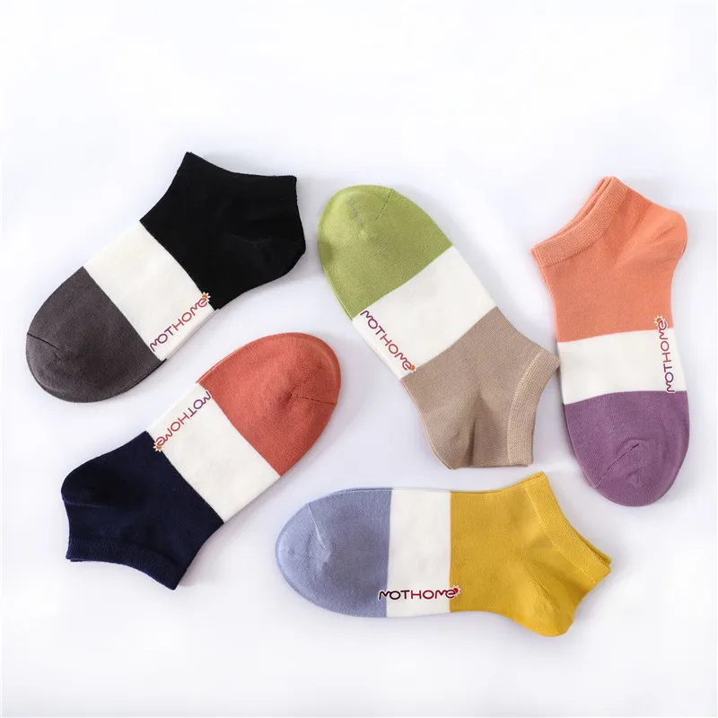 

Spring And Summer Women Fashion Cotton Boat Socks Color Matching Hot Stamping Letters Shallow Mouth Short 5 Pairs/Lot Female