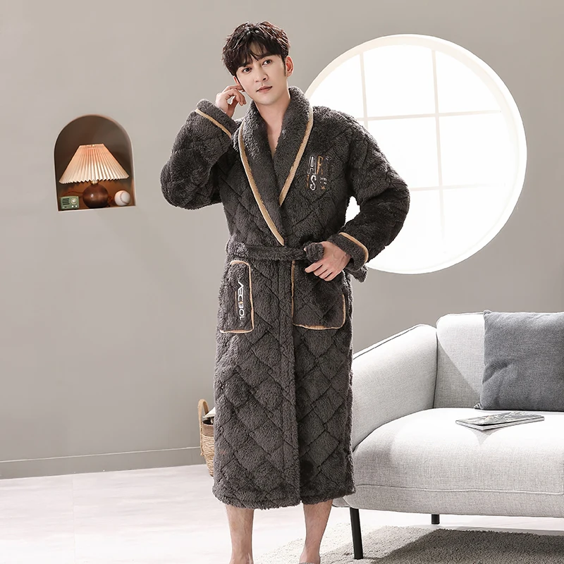 Winter Bath Robe Coral Fleece Men Bathroom Robe Men Bathrobe Men Flannel Quilted Pajama Thick Long Spa Robe Shower Homewear